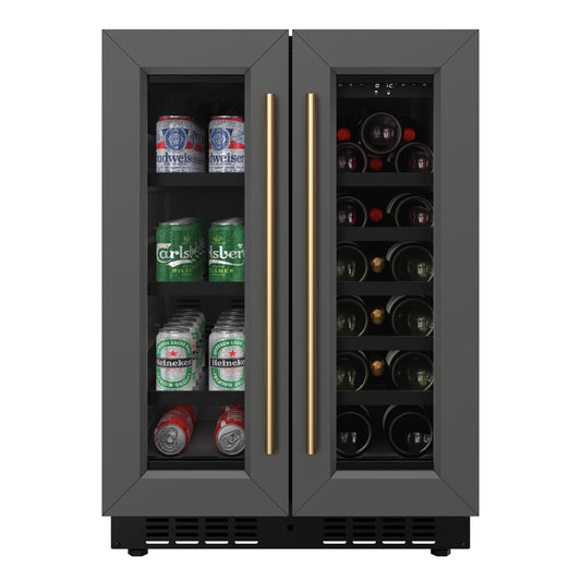 KoolMore Reserve 24 in. French Door Dual Zone Panel Ready Under-Counter Cooler with Black Shelves and 20 Bottle Capacity in the Right Zone and 2.1 Cu. Ft. on the Left in Black (KM-CWB24-BPR)