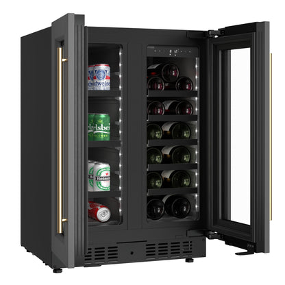 KoolMore Reserve 24 in. French Door Dual Zone Panel Ready Under-Counter Cooler with Black Shelves and 20 Bottle Capacity in the Right Zone and 2.1 Cu. Ft. on the Left in Black (KM-CWB24-BPR)