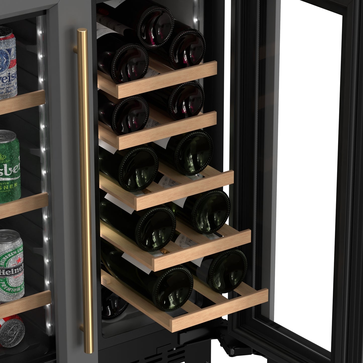 KoolMore Reserve 24 in. French Door Dual Zone Panel Ready Under-Counter Cooler with Wooden Shelves and 20 Bottle Capacity in the Right Zone and 2.1 Cu. Ft. on the Left in Black (KM-CWB24-WPR)