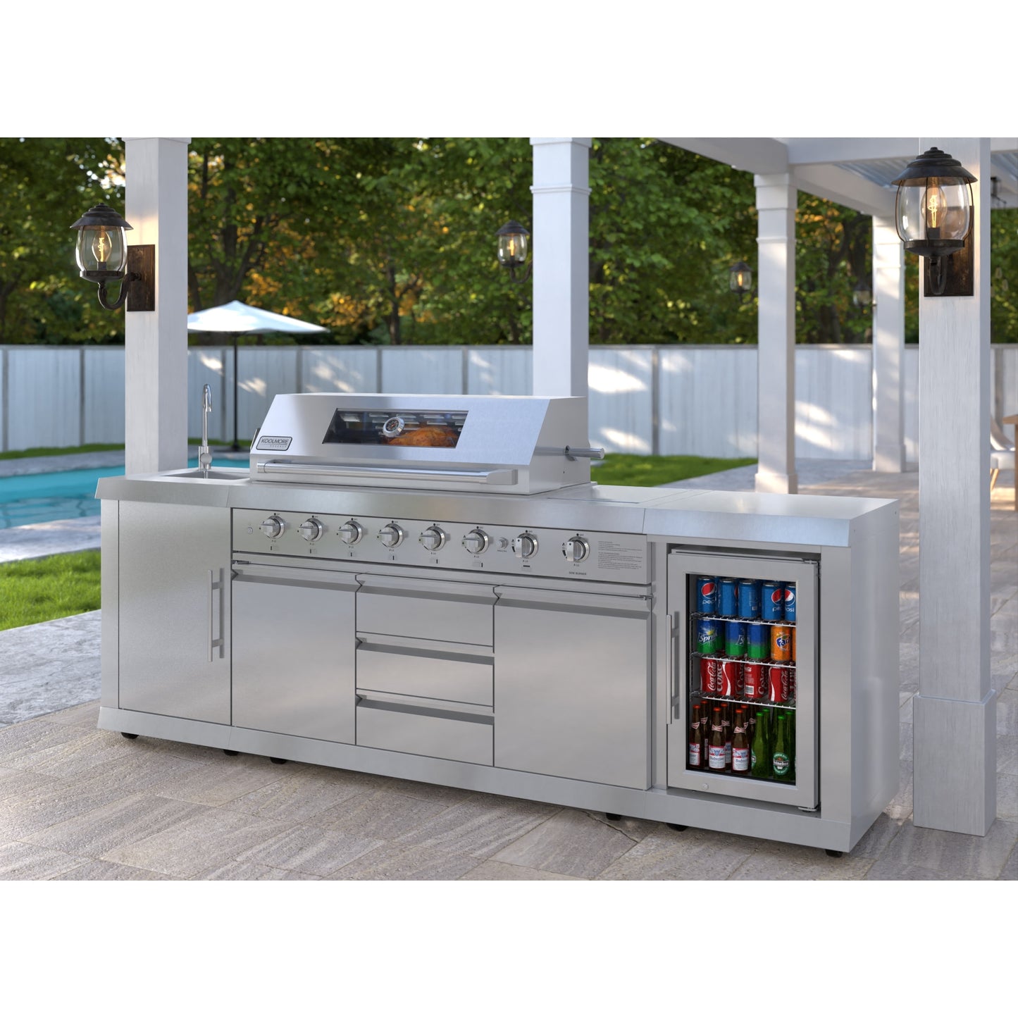 KoolMore Reserve Outdoor Kitchen Island with 6 Burner Grill and Side Burner, Sink, Storage Cabinet and Beverage Refrigerator in Stainless-Steel (KM-OKS-BQHUB)