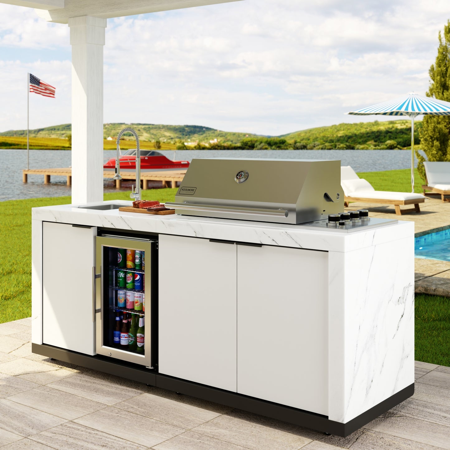 83 in. Outdoor Kitchen Suite with White Stone Counters and Sides, 4-Burner Grill, Stainless Steel Sink and Faucet (KM-OKS-3585)