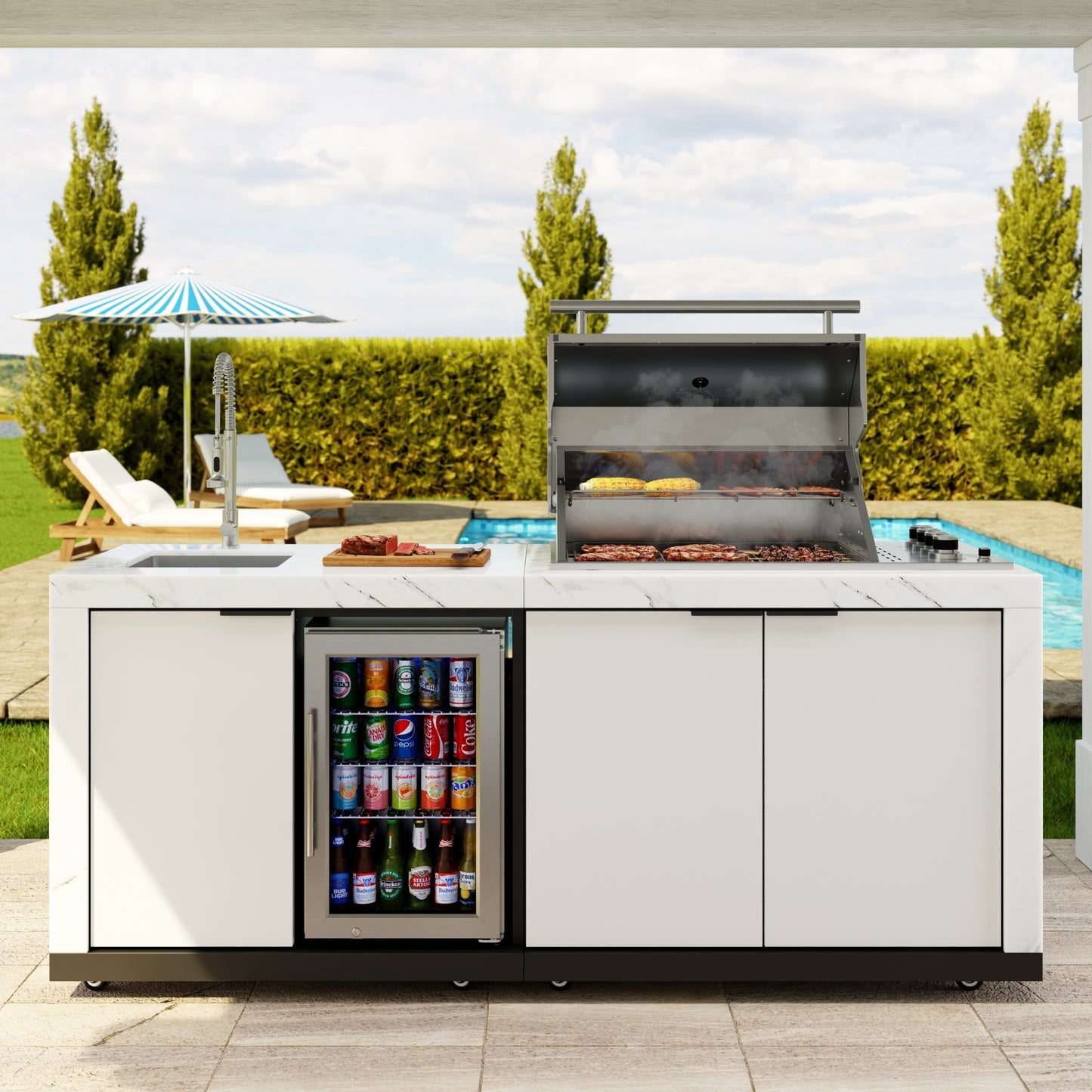83 in. Outdoor Kitchen Suite with White Stone Counters and Sides, 4-Burner Grill, Stainless Steel Sink and Faucet (KM-OKS-3585)