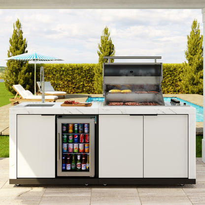 83 in. Outdoor Kitchen Suite with White Stone Counters and Sides, 4-Burner Grill, Stainless Steel Sink and Faucet (KM-OKS-3585)