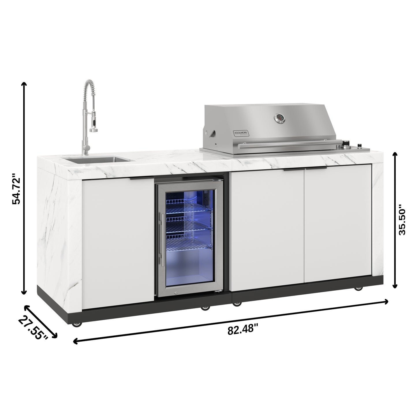 83 in. Outdoor Kitchen Suite with White Stone Counters and Sides, 4-Burner Grill, Stainless Steel Sink and Faucet (KM-OKS-3585)