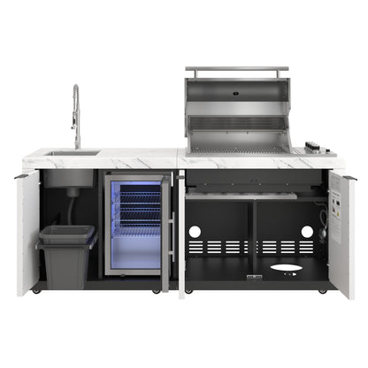 83 in. Outdoor Kitchen Suite with White Stone Counters and Sides, 4-Burner Grill, Stainless Steel Sink and Faucet (KM-OKS-3585)