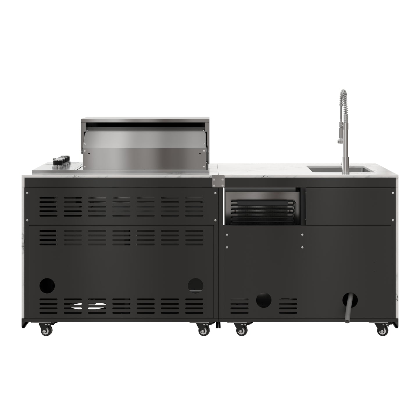 83 in. Outdoor Kitchen Suite with White Stone Counters and Sides, 4-Burner Grill, Stainless Steel Sink and Faucet (KM-OKS-3585)