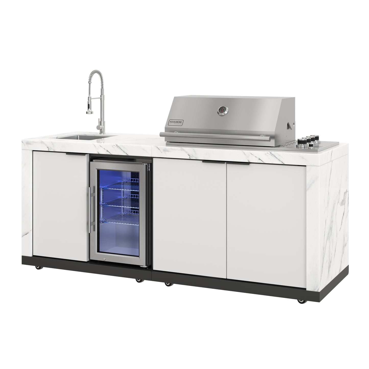 83 in. Outdoor Kitchen Suite with White Stone Counters and Sides, 4-Burner Grill, Stainless Steel Sink and Faucet (KM-OKS-3585)