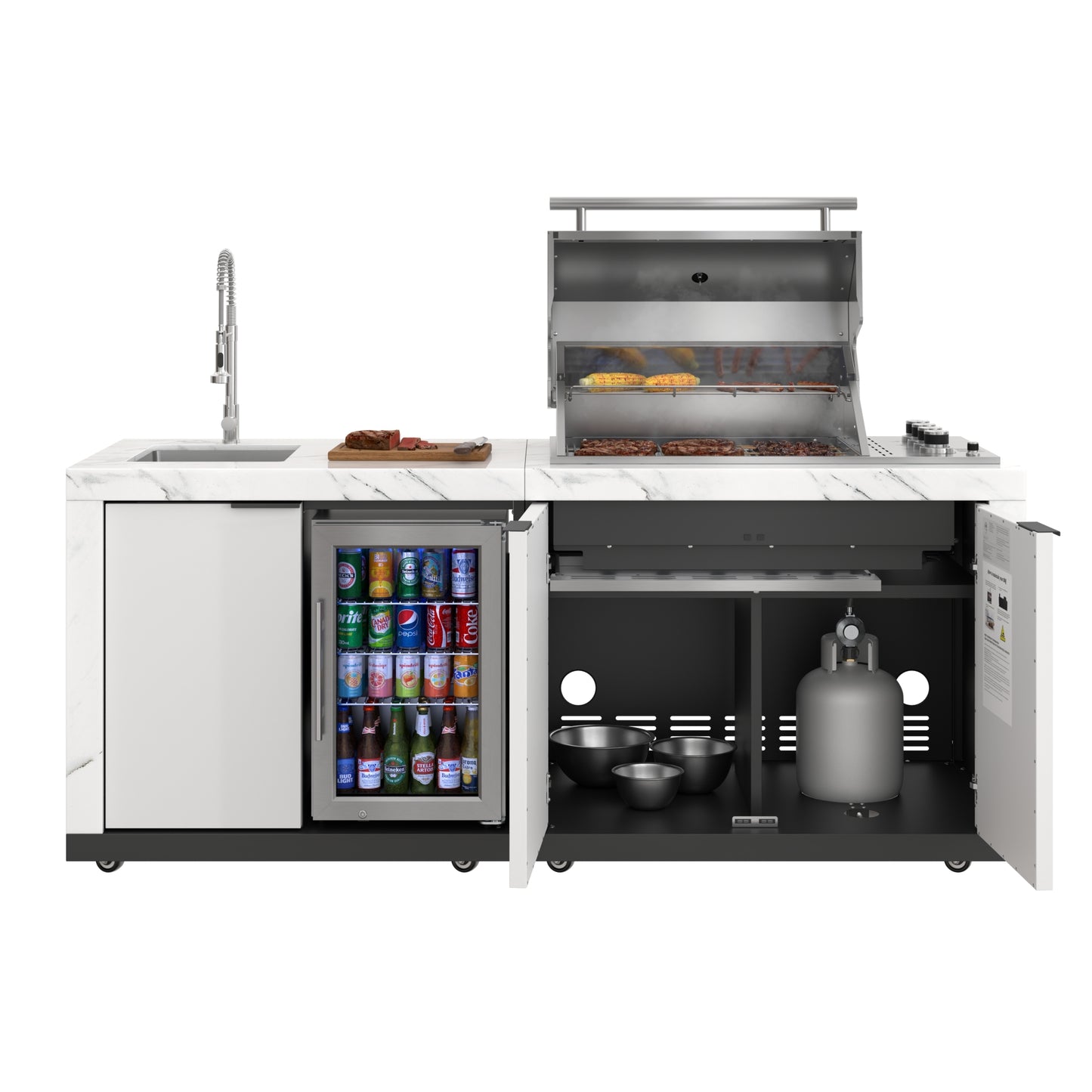 83 in. Outdoor Kitchen Suite with White Stone Counters and Sides, 4-Burner Grill, Stainless Steel Sink and Faucet (KM-OKS-3585)