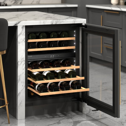 KoolMore Reserve 24 in. Under-Counter Panel Ready Dual Zone Built-in Wine Cooler with 45 Bottle Capacity and Wooden Shelves in Black (KM-CW46DZ-WPR)