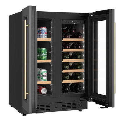 KoolMore Reserve 24 in. French Door Dual Zone Panel Ready Under-Counter Cooler with Wooden Shelves and 20 Bottle Capacity in the Right Zone and 2.1 Cu. Ft. on the Left in Black (KM-CWB24-WPR)