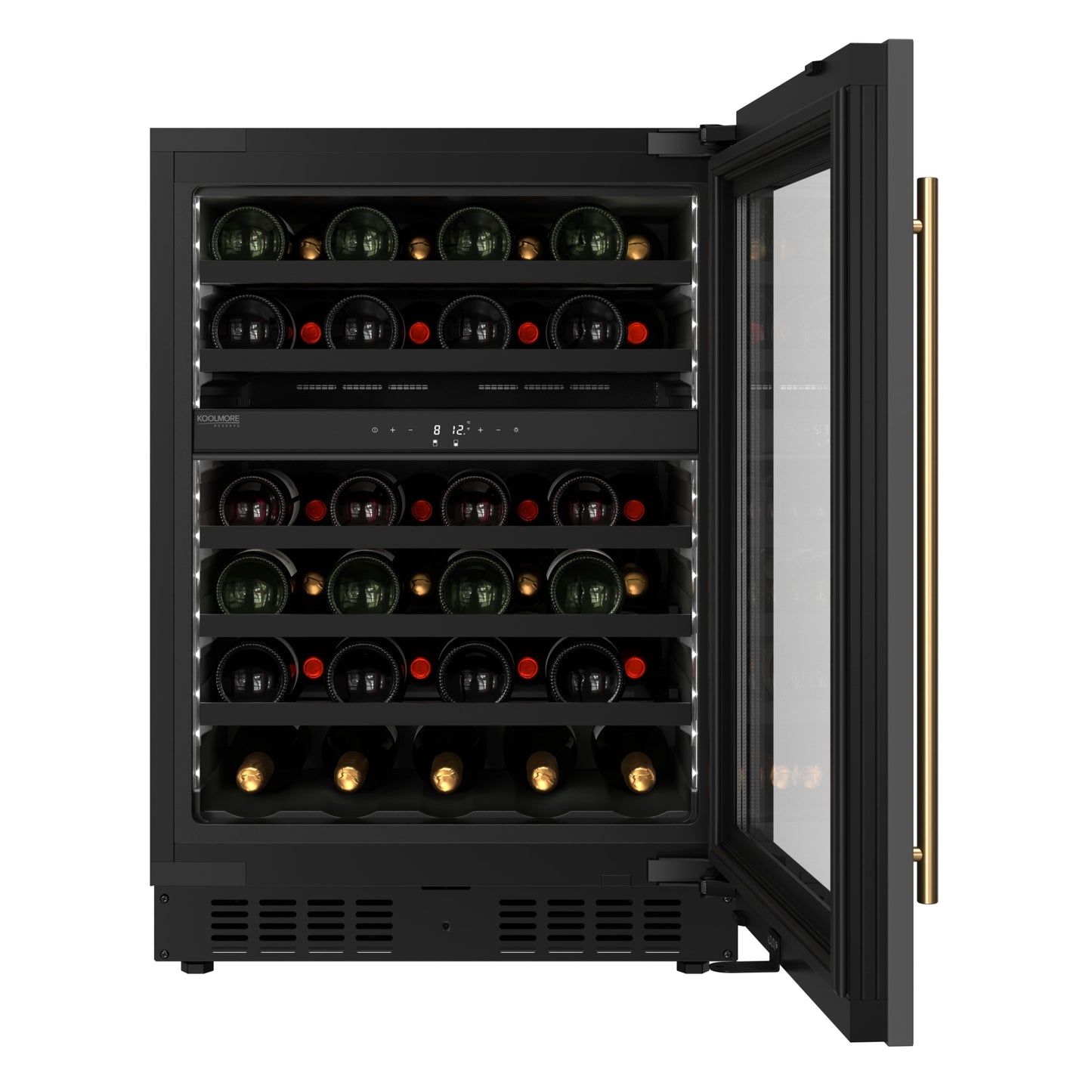 KoolMore Reserve 24 in. Under-Counter Panel Ready Dual Zone Built-in Wine Cooler with Black Shelves and 45 Bottle Capacity in Black (KM-CW46DZ-BPR)