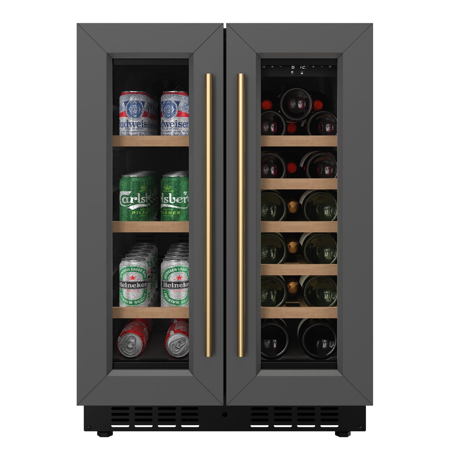 KoolMore Reserve 24 in. French Door Dual Zone Panel Ready Under-Counter Cooler with Wooden Shelves and 20 Bottle Capacity in the Right Zone and 2.1 Cu. Ft. on the Left in Black (KM-CWB24-WPR)