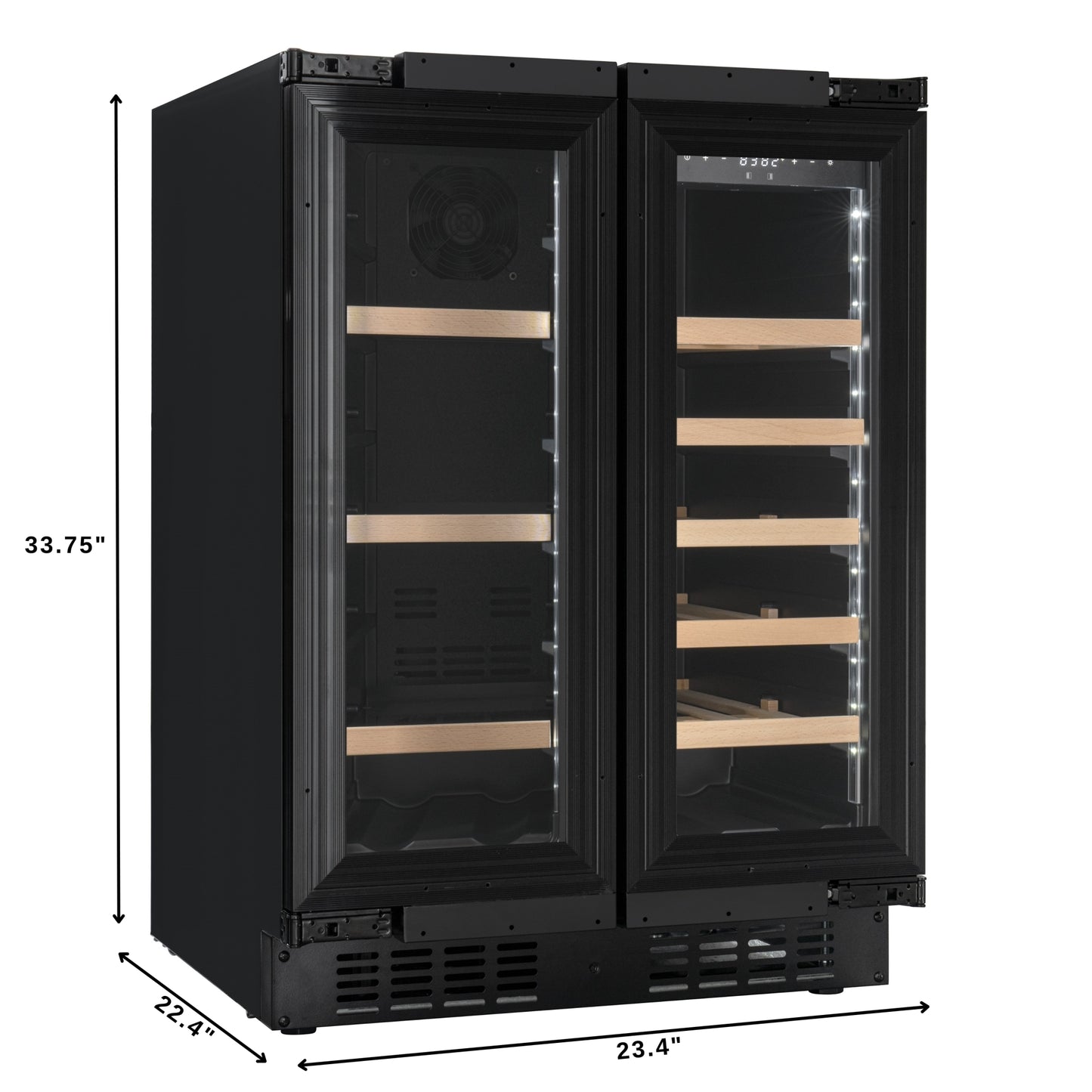 KoolMore Reserve 24 in. French Door Dual Zone Panel Ready Under-Counter Cooler with Wooden Shelves and 20 Bottle Capacity in the Right Zone and 2.1 Cu. Ft. on the Left in Black (KM-CWB24-WPR)