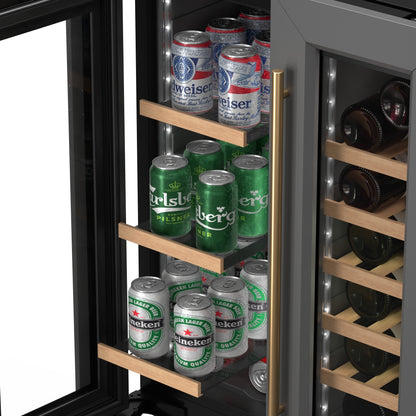 KoolMore Reserve 24 in. French Door Dual Zone Panel Ready Under-Counter Cooler with Wooden Shelves and 20 Bottle Capacity in the Right Zone and 2.1 Cu. Ft. on the Left in Black (KM-CWB24-WPR)