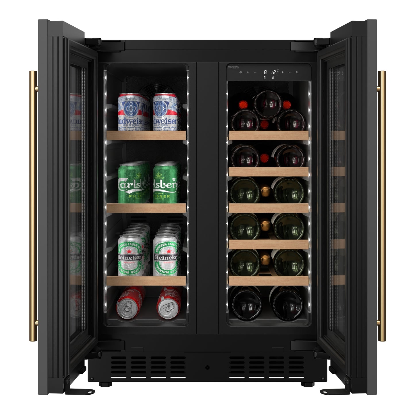 KoolMore Reserve 24 in. French Door Dual Zone Panel Ready Under-Counter Cooler with Wooden Shelves and 20 Bottle Capacity in the Right Zone and 2.1 Cu. Ft. on the Left in Black (KM-CWB24-WPR)