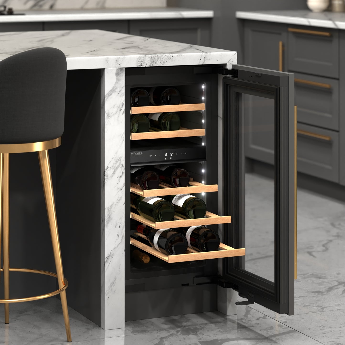 KoolMore Reserve 15 in. Under-Counter Panel Ready Dual Zone Built-in Wine Cooler with 23 Bottle Capacity and Wooden Shelves in Black (KM-CW28DZ-WPR)