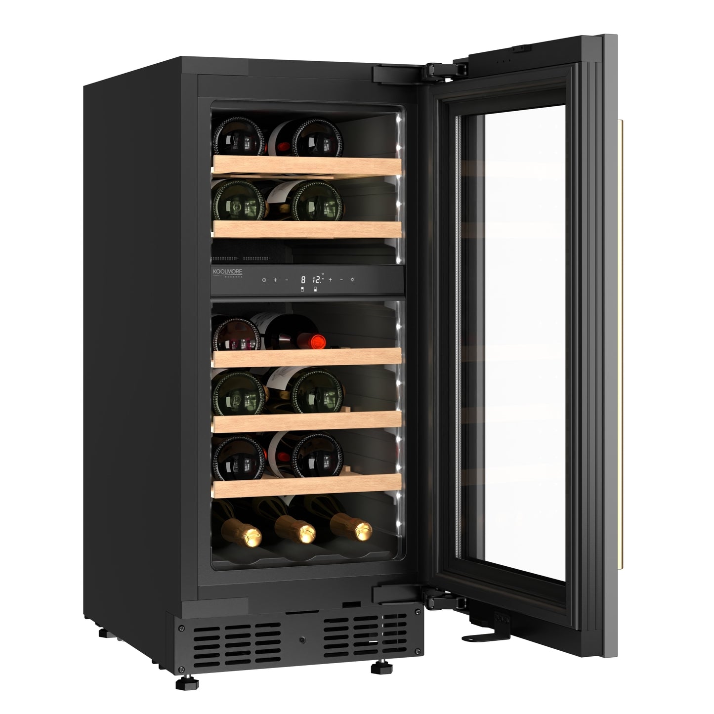 KoolMore Reserve 15 in. Under-Counter Panel Ready Dual Zone Built-in Wine Cooler with 23 Bottle Capacity and Wooden Shelves in Black (KM-CW28DZ-WPR)