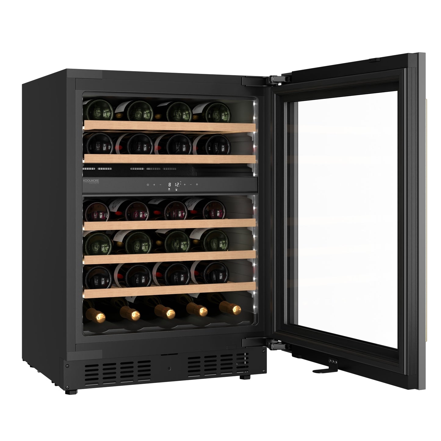 KoolMore Reserve 24 in. Under-Counter Panel Ready Dual Zone Built-in Wine Cooler with 45 Bottle Capacity and Wooden Shelves in Black (KM-CW46DZ-WPR)