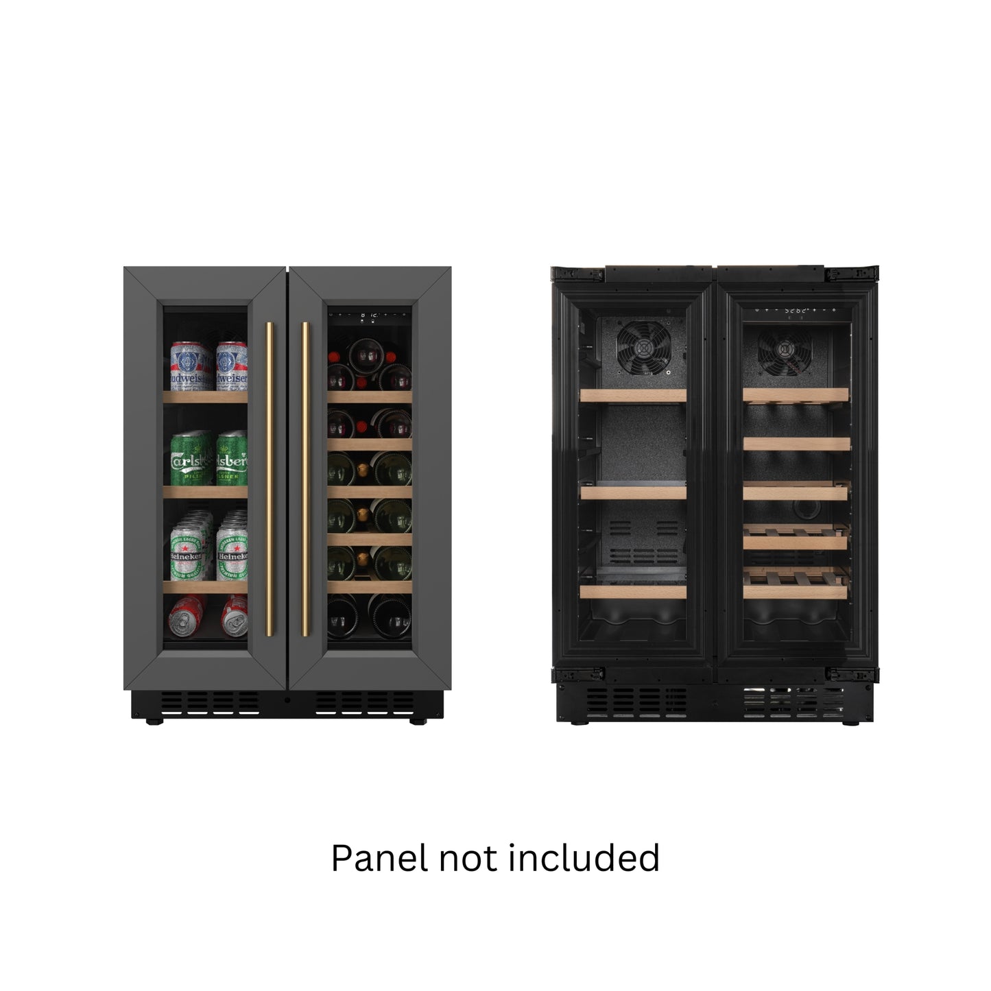 KoolMore Reserve 24 in. French Door Dual Zone Panel Ready Under-Counter Cooler with Wooden Shelves and 20 Bottle Capacity in the Right Zone and 2.1 Cu. Ft. on the Left in Black (KM-CWB24-WPR)