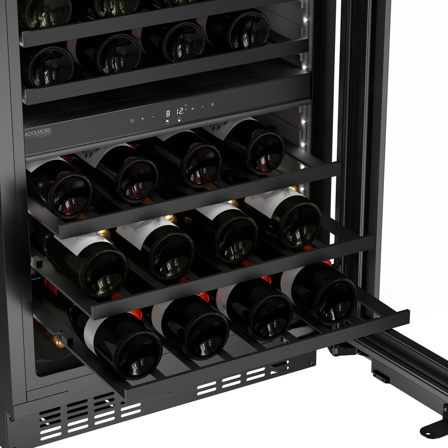 KoolMore Reserve 24 in. Under-Counter Panel Ready Dual Zone Built-in Wine Cooler with Black Shelves and 45 Bottle Capacity in Black (KM-CW46DZ-BPR)