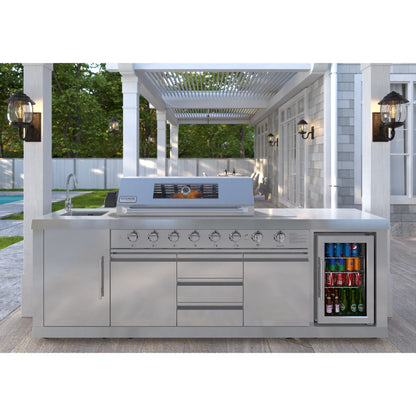 KoolMore Reserve Outdoor Kitchen Island with 6 Burner Grill and Side Burner, Sink, Storage Cabinet and Beverage Refrigerator in Stainless-Steel (KM-OKS-BQHUB)