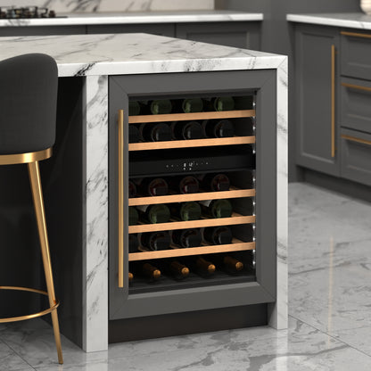 KoolMore Reserve 24 in. Under-Counter Panel Ready Dual Zone Built-in Wine Cooler with 45 Bottle Capacity and Wooden Shelves in Black (KM-CW46DZ-WPR)