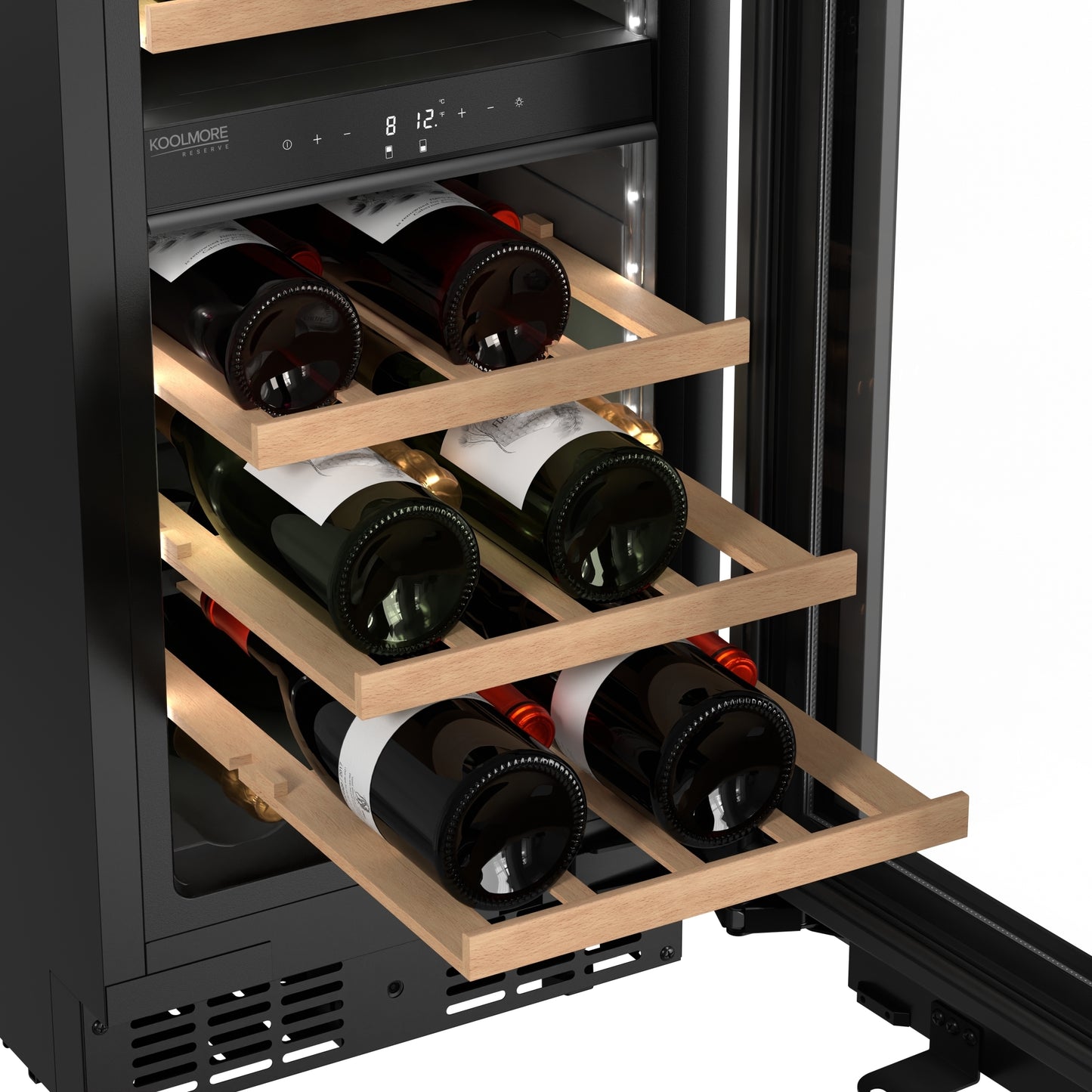 KoolMore Reserve 15 in. Under-Counter Panel Ready Dual Zone Built-in Wine Cooler with 23 Bottle Capacity and Wooden Shelves in Black (KM-CW28DZ-WPR)