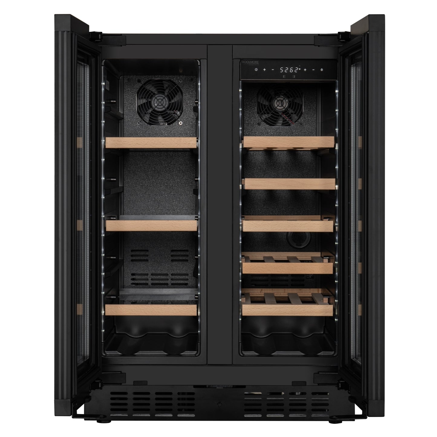 KoolMore Reserve 24 in. French Door Dual Zone Panel Ready Under-Counter Cooler with Wooden Shelves and 20 Bottle Capacity in the Right Zone and 2.1 Cu. Ft. on the Left in Black (KM-CWB24-WPR)