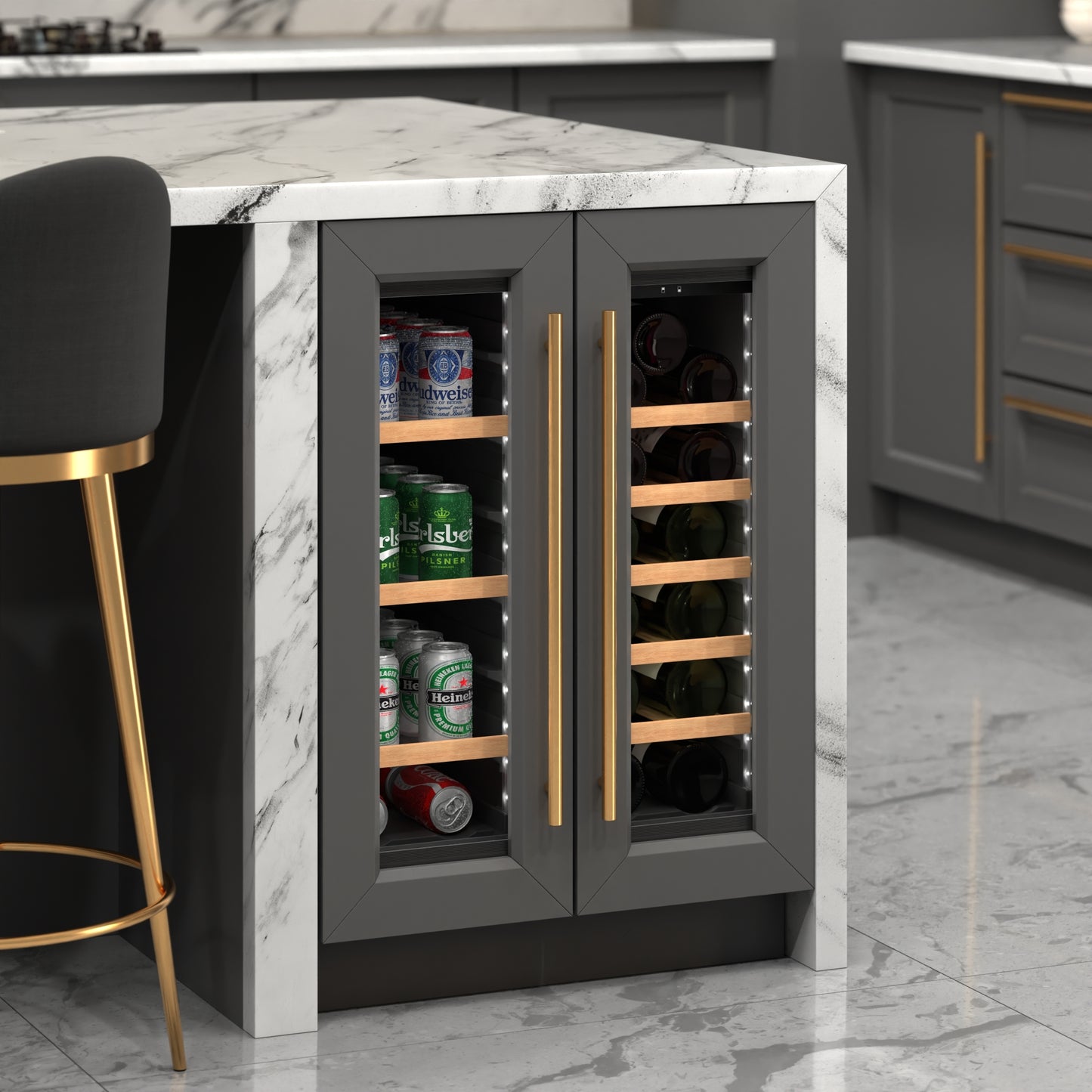 KoolMore Reserve 24 in. French Door Dual Zone Panel Ready Under-Counter Cooler with Wooden Shelves and 20 Bottle Capacity in the Right Zone and 2.1 Cu. Ft. on the Left in Black (KM-CWB24-WPR)